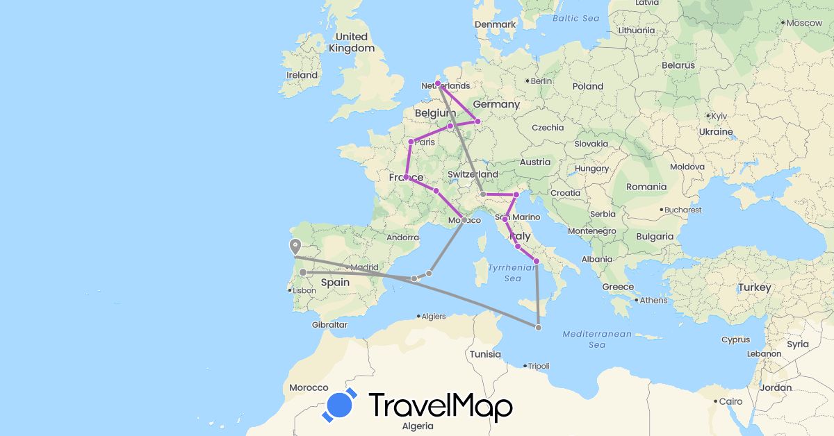 TravelMap itinerary: driving, plane, train in Germany, Spain, France, Italy, Luxembourg, Monaco, Malta, Netherlands, Portugal (Europe)